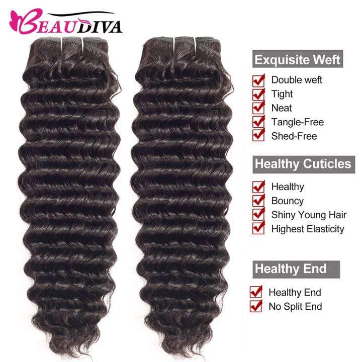 Beaudiva Deep Wave 10A Human Hair Bundles 3 Bundles with Closure Brazilian Human Hair Weaves