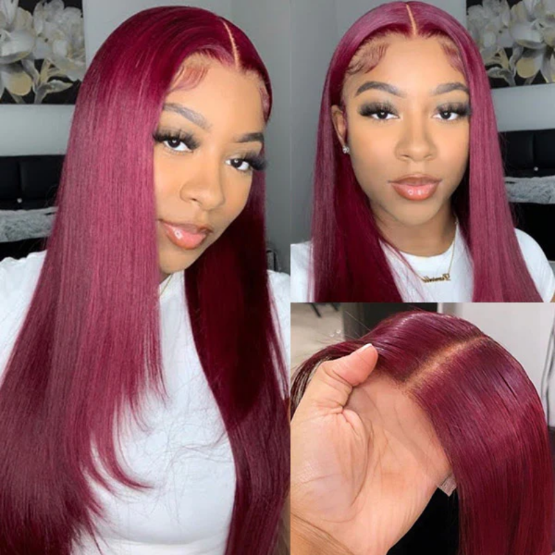 【Jane】TK22 : Glueless 99J 4X4 Lace Closure Wig Straight Human Hair Wigs Plucked Baby Hair