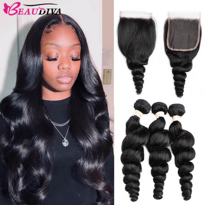 Beaudiva Loose Wave 10A Human Hair Bundles 3 Bundles with Closure Brazilian Human Hair Weaves