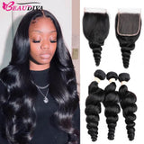 Beaudiva Loose Wave 10A Human Hair Bundles 3 Bundles with Closure Brazilian Human Hair Weaves