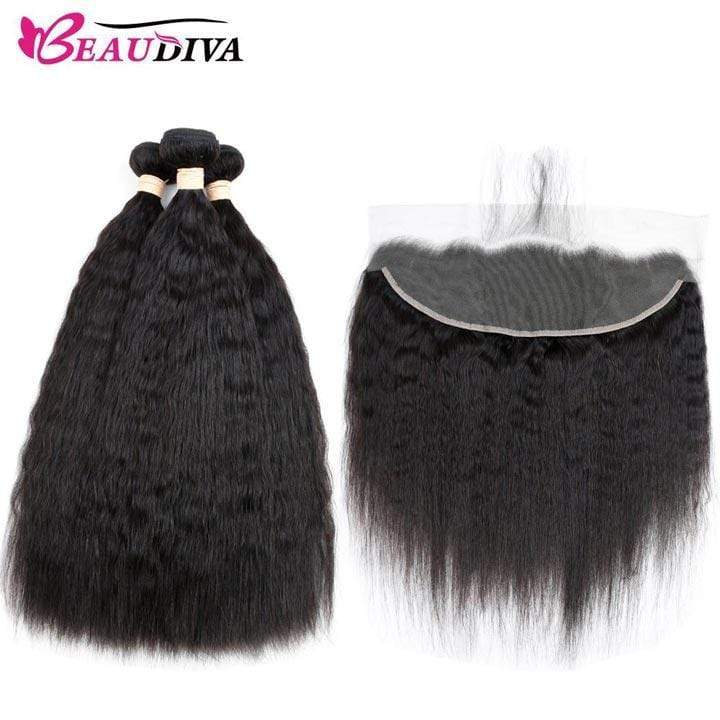 Beaudiva Hair Kinky Straight Virgin Human Hair 3 Bundles with Lace Frontal Remy Human Hair