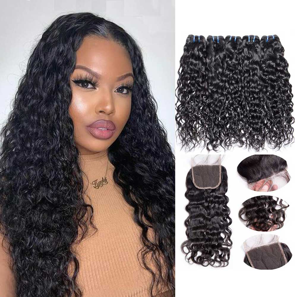 Beaudiva 10A Human Hair Bundles Water Wave Bundles 4 Bundles with 4x4 Lace Closure