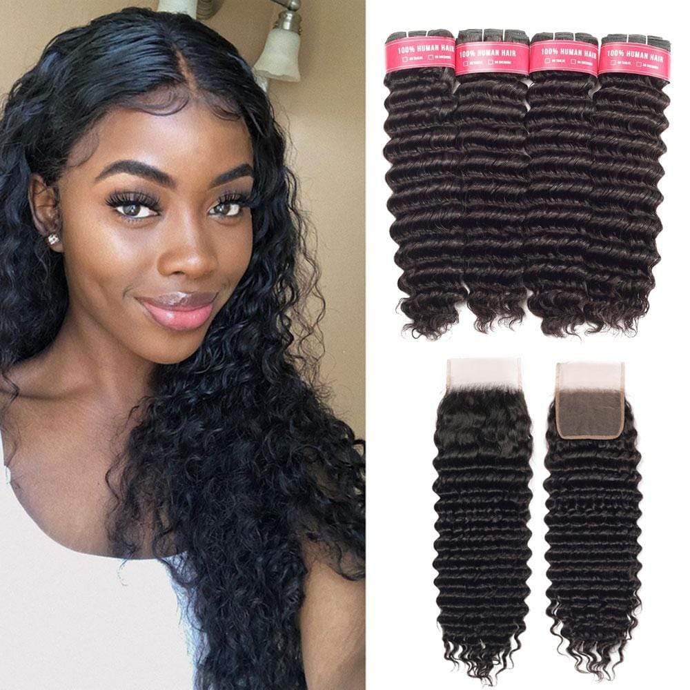 Beaudiva 10A 100% Remy Human Hair Bundles Deep Wave Human Hair Weaves 4 Bundles With Lace Closure