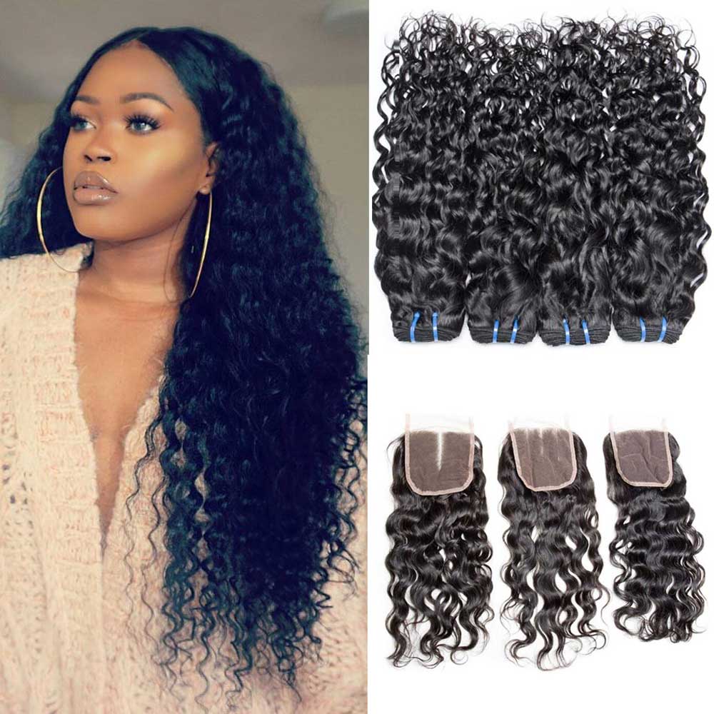 Beaudiva 10A Human Hair Bundles Water Wave Bundles 4 Bundles with 4x4 Lace Closure