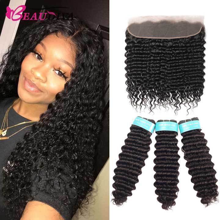 Beaudiva Deep Wave 3 Bundles With Lace Frontal 100% Virgin Remy Human Hair