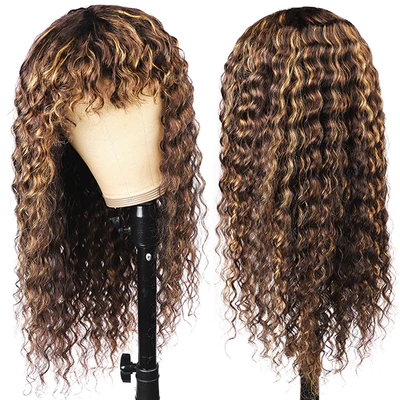 【Visa】TK45:Kinky Curly Human Hair Wigs with Bangs 150% Density Glueless Machine Made Bang Wigs for Women Beaudiva