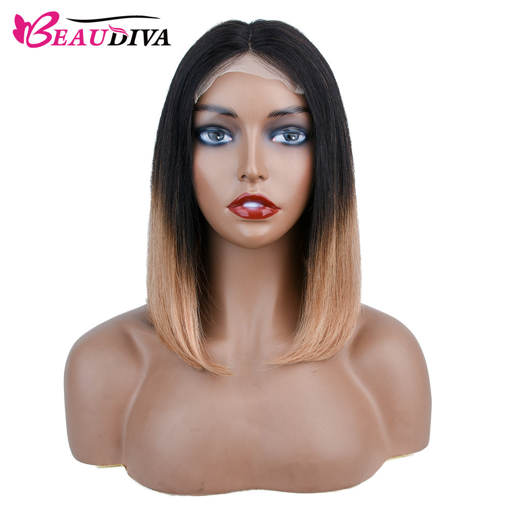【Olivia】TK24 : Glueless 4X4X1 Lace Closure Ombre Color Bob Wig Human Hair Wig Straight Bob Short Wig T1B/27 Color