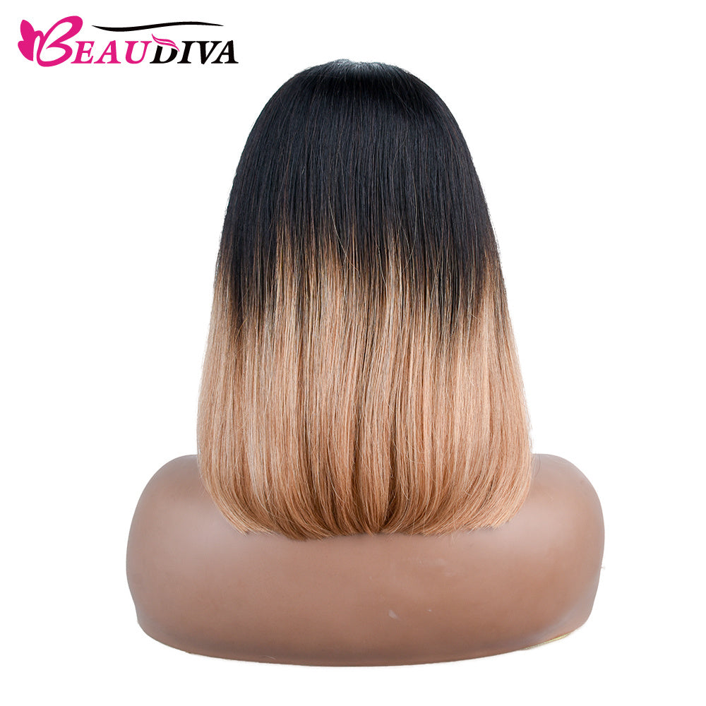【Olivia】TK24 : Glueless 4X4X1 Lace Closure Ombre Color Bob Wig Human Hair Wig Straight Bob Short Wig T1B/27 Color