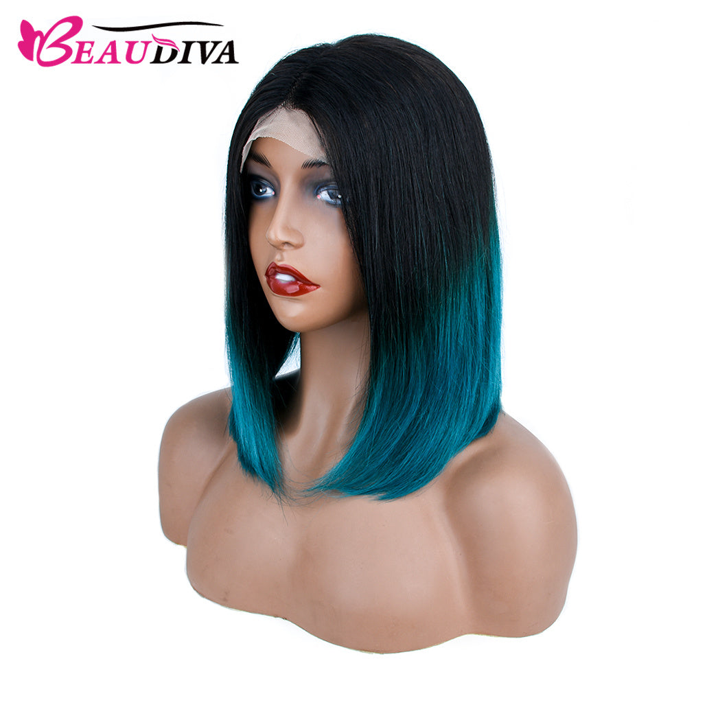 【Olivia】TK24 : Glueless 4X4X1 Lace Closure Ombre Color Bob Wig Human Hair Wig Straight Bob Short Wig T1B/27 Color