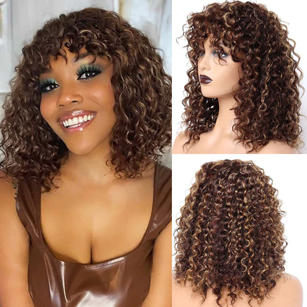 【Visa】TK45:Kinky Curly Human Hair Wigs with Bangs 150% Density Glueless Machine Made Bang Wigs for Women Beaudiva