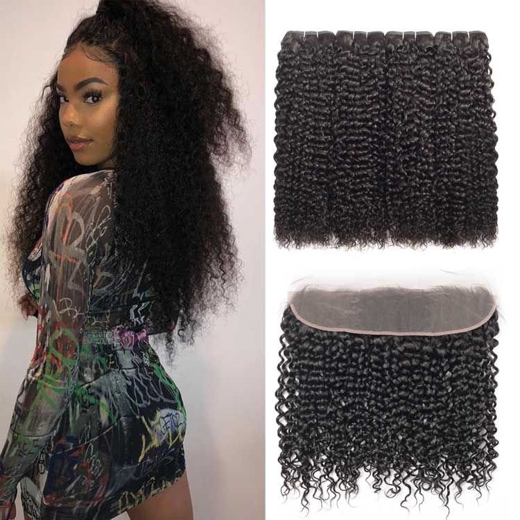 Beaudiva Kinky Curly 100% Virgin Remy Human Hair 3 Bundles With Lace Frontal