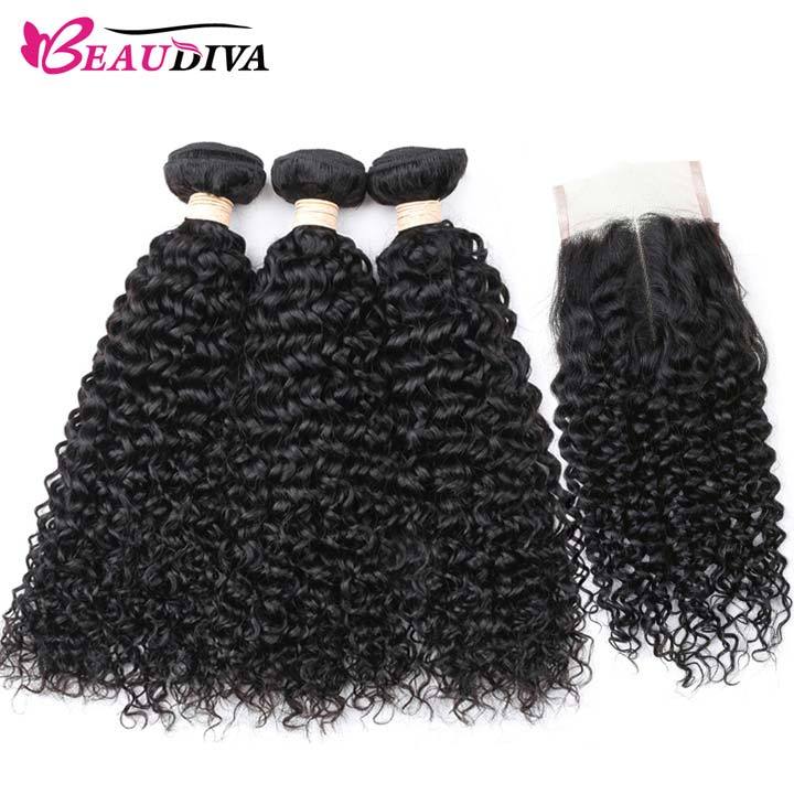 Beaudiva Curly 3 Bundles with Lace Closure 10A Human Hair Bundles Brazilian Hair Weaves