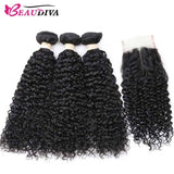 Beaudiva Curly 3 Bundles with Lace Closure 10A Human Hair Bundles Brazilian Hair Weaves