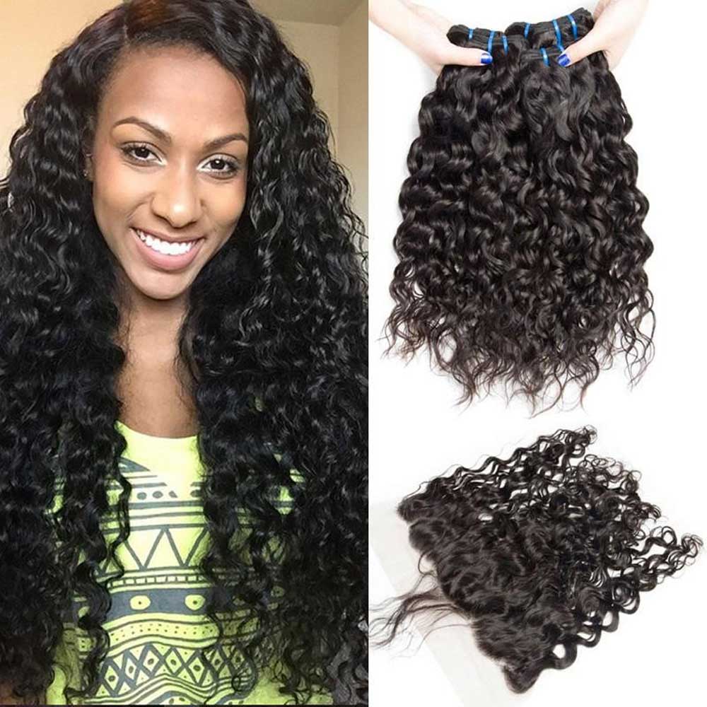 Beaudiva Easy to Install Water Wave Human Hair Weaves 3 Bundles With Ear to Ear Lace Frontal