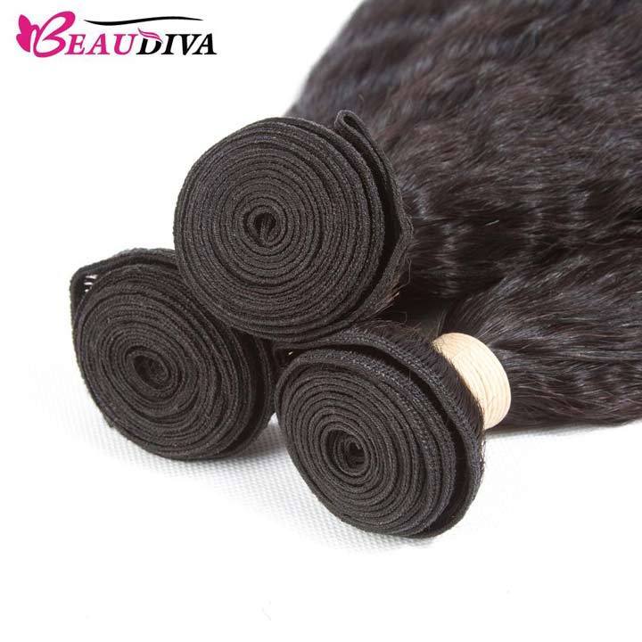 Beaudiva 10A Kinky Straight Human Hair Bundles 3 Bundles with 4x4 Lace Closure Brazilian Human Hair Weft