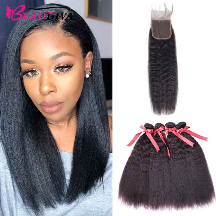 Beaudiva 10A Kinky Straight Bundles Human Hair Bundles With Lace Closure Human Hair Weaves