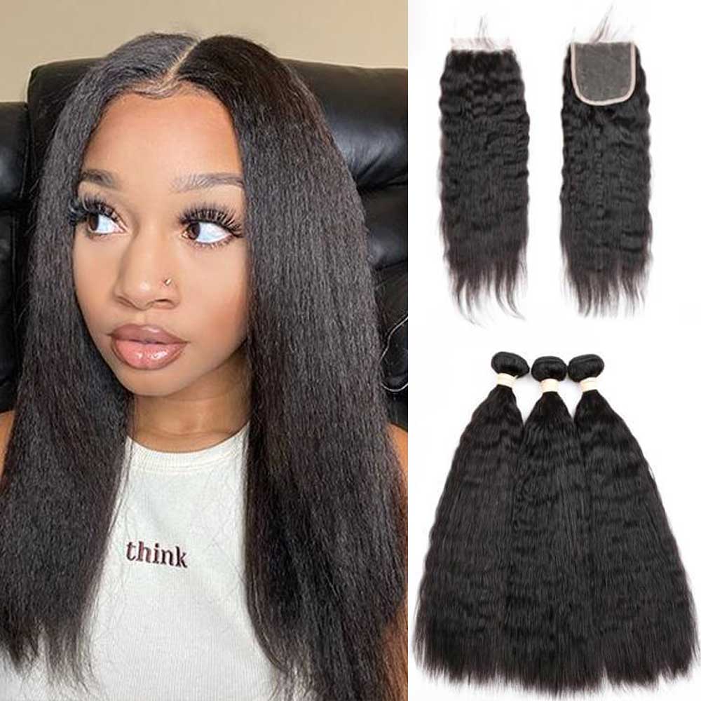 Beaudiva 10A Kinky Straight Human Hair Bundles 3 Bundles with 4x4 Lace Closure Brazilian Human Hair Weft