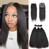Beaudiva 10A Kinky Straight Human Hair Bundles 3 Bundles with 4x4 Lace Closure Brazilian Human Hair Weft