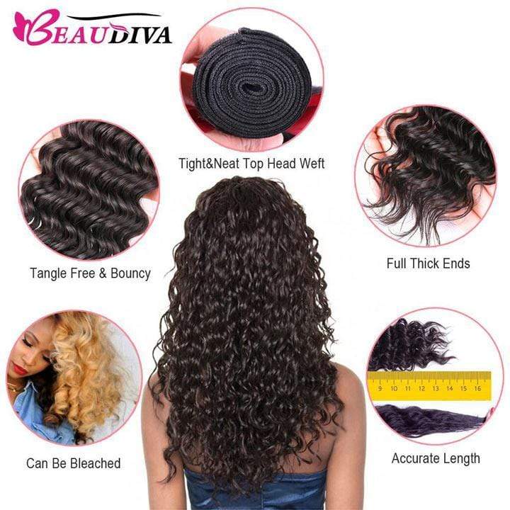 Beaudiva 10A 100% Remy Human Hair Bundles Deep Wave Human Hair Weaves 4 Bundles With Lace Closure