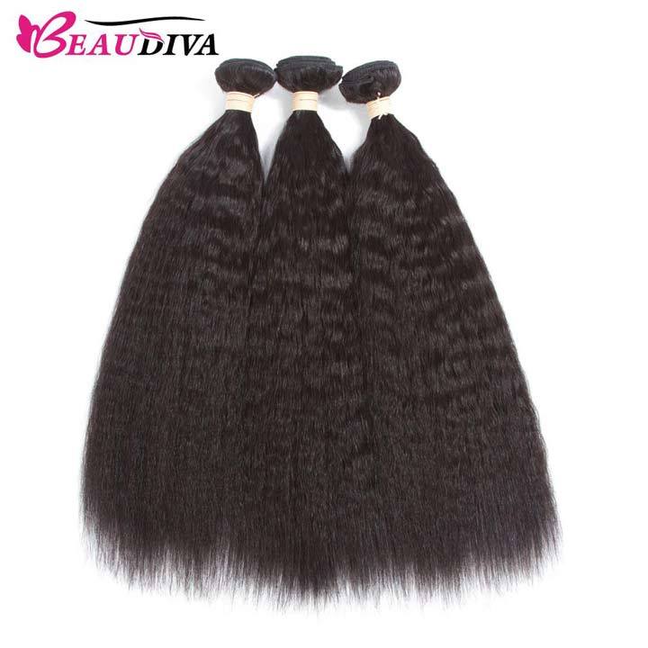 Beaudiva 10A Kinky Straight Human Hair Bundles 3 Bundles with 4x4 Lace Closure Brazilian Human Hair Weft