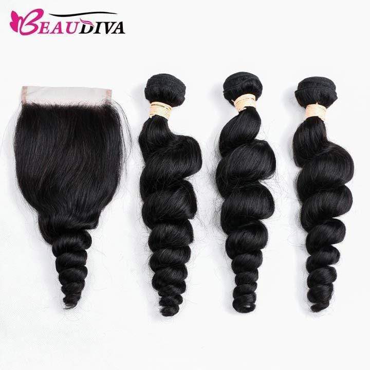 Beaudiva Loose Wave 10A Human Hair Bundles 3 Bundles with Closure Brazilian Human Hair Weaves