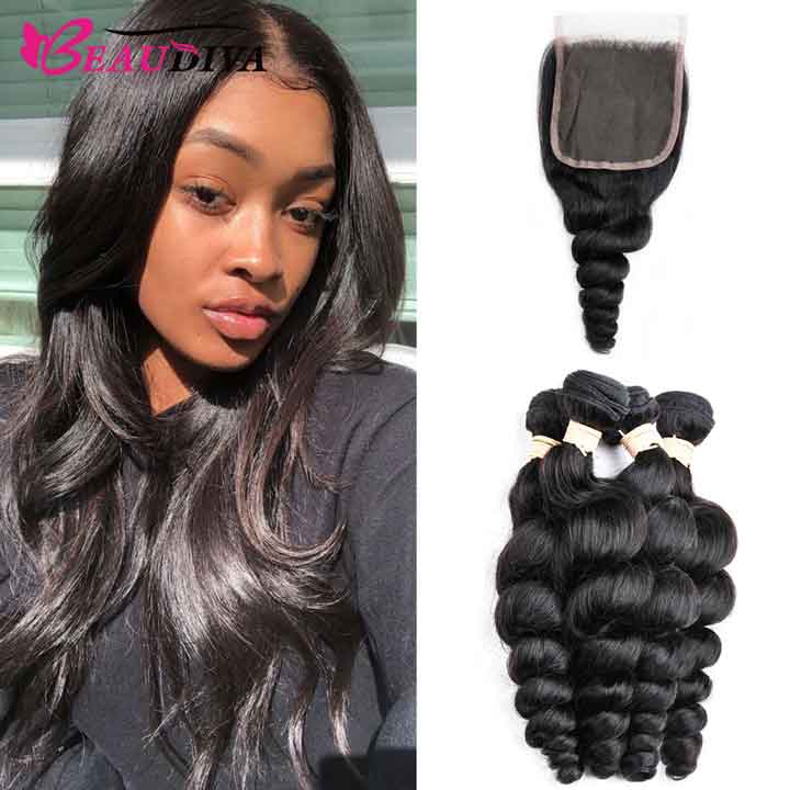 Beaudiva 10A Loose Wave Bundles 4 Bundles With Lace Closure Human Hair Weaves