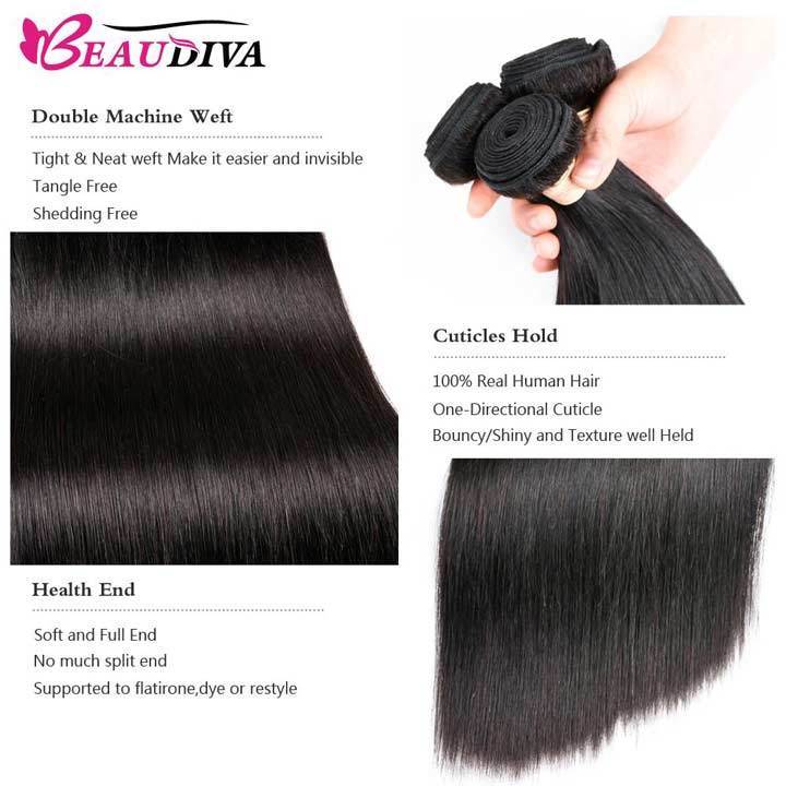 Beaudiva 10A Unprocessed Human Hair Bundles Straight Hair Weaves 4 Bundles With 4x4 Lace Closure