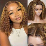Beaudiva 4x4 Lace Closure Wigs BOB Human Hair Highlight P4/27 Color KInky Curly Wig