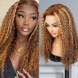 【Judy】Highlight Curly 13X4 Lace Front Human Hair Wigs Honey Blonde Mixed Colored Ombre Highlight Kinky Curly Lace Frontal Wigs