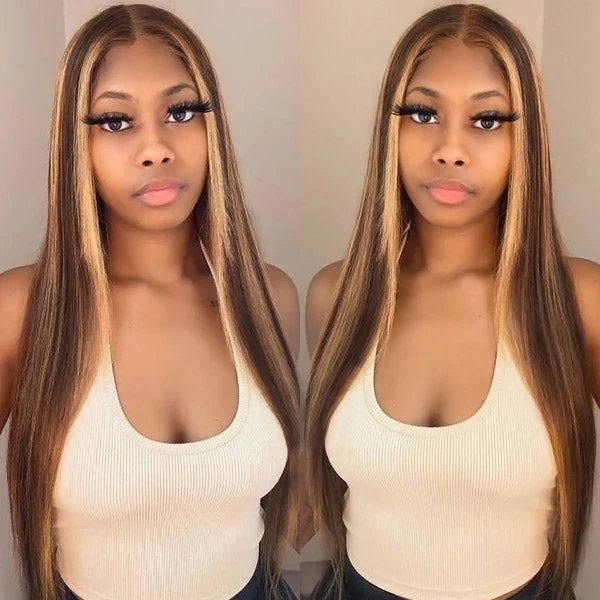 【HS】Highlight 5X5 Bone Straight Lace Closure Wig Colored Human Hair Wigs Pre Plucked Bleached Knots