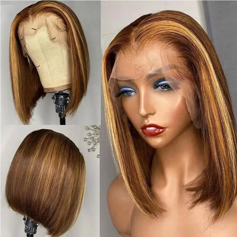 【Aisha】Ombre Highlight Lace Frontal Human Hair Wigs Short Bob Lace Front Wig 10-16 inches