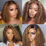 Beaudiva 4x4 Lace Closure Wigs BOB Human Hair Highlight P4/27 Color KInky Curly Wig