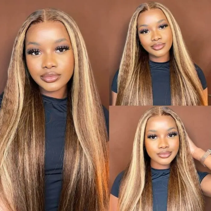 【Danie】Kinky Straight Highlight Honey Blonde Wigs Kinky Straight 13x4 Lace Front Human Hair Wig for Women Piano Color Wigs Pre Plucked with Baby Hair 200% Density