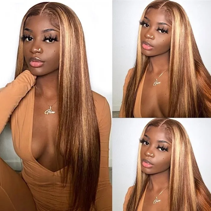 【HS】Highlight 5X5 Bone Straight Lace Closure Wig Colored Human Hair Wigs Pre Plucked Bleached Knots