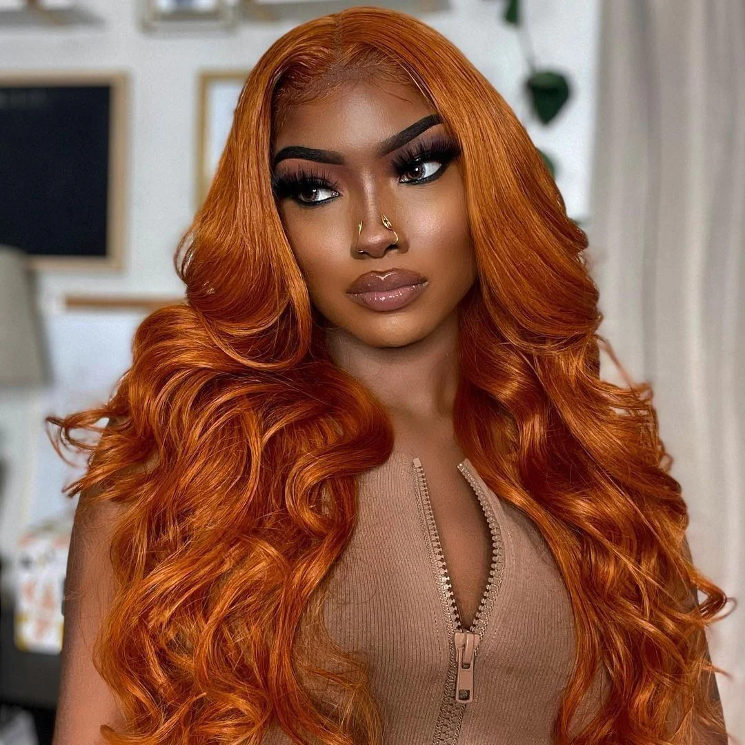 【Orange】Ginger Colored Body Wave 13X4 Lace Frontal Wig 100% Human Hair Wig Pre Plucked