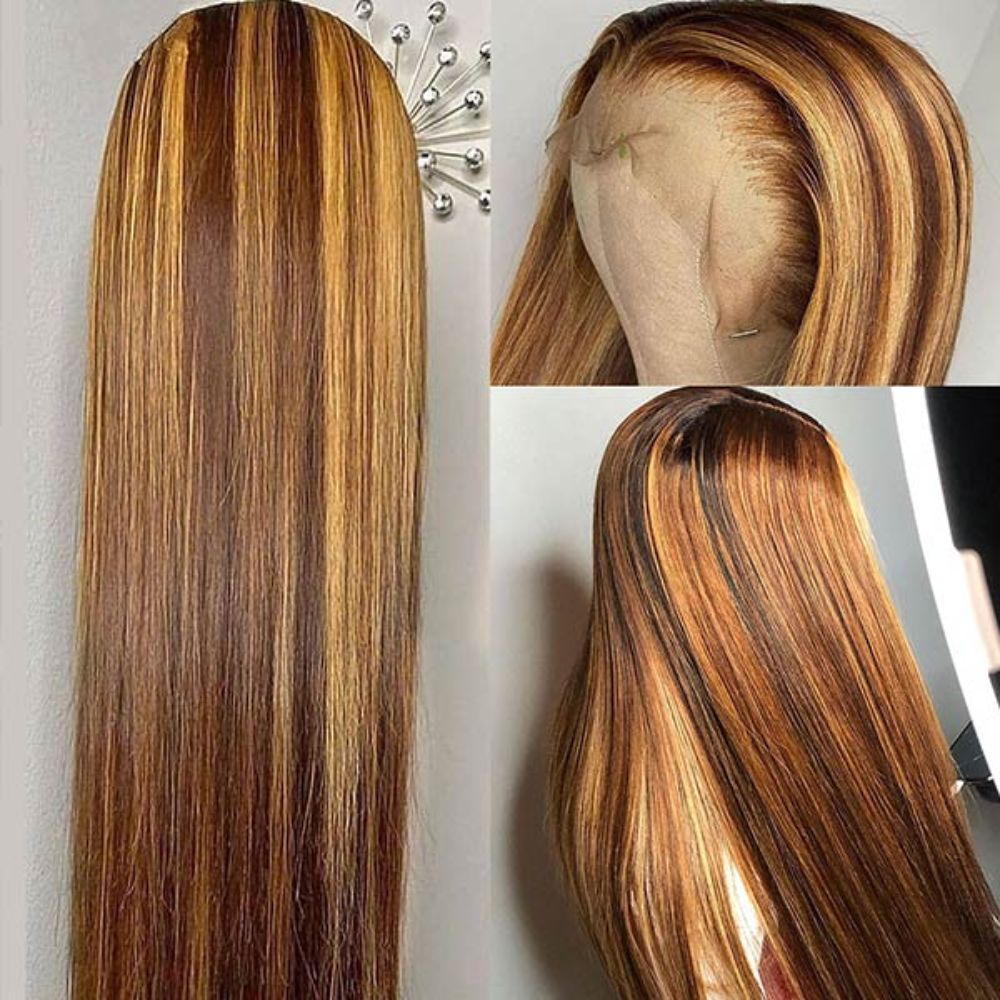 【Beyonce】TK03 : 13x4 Highlight Lace Front Wig Honey Blonde Brown Ombre Straight Wigs Pre Plucked Baby Hair
