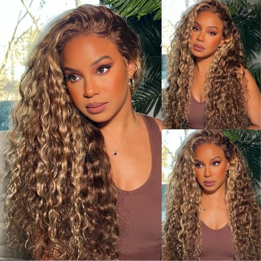 Highlight Water Wave 13X6 Lace Front Human Hair Wigs Honey Blonde Mixed Colored Ombre Highlight Water wave Lace Frontal Wigs