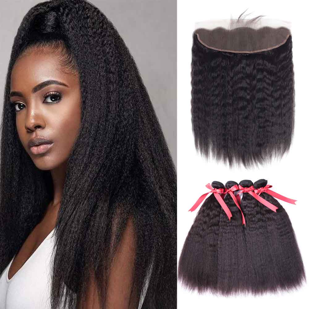 Beaudiva Kinky Straight Human Hair 4 Bundles with Lace Frontal Hair