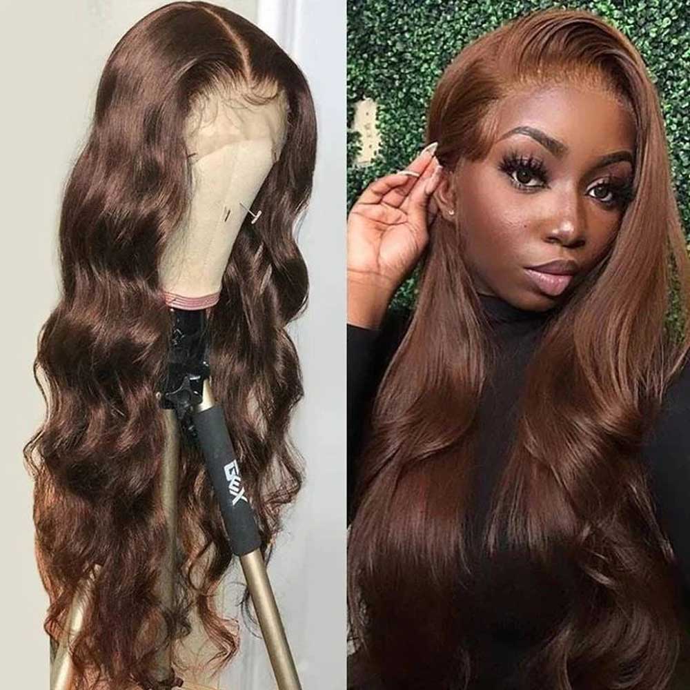 【Emma】TK23 : BEAUDIVA Chestnut Brown 4# Color Body Wave 13X4 Lace Frontal Wig Human Hair Wig