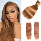 Beaudiva 30# Colored Hair 3 Bundles with Closure Straight Human Hair Bundles Deals
