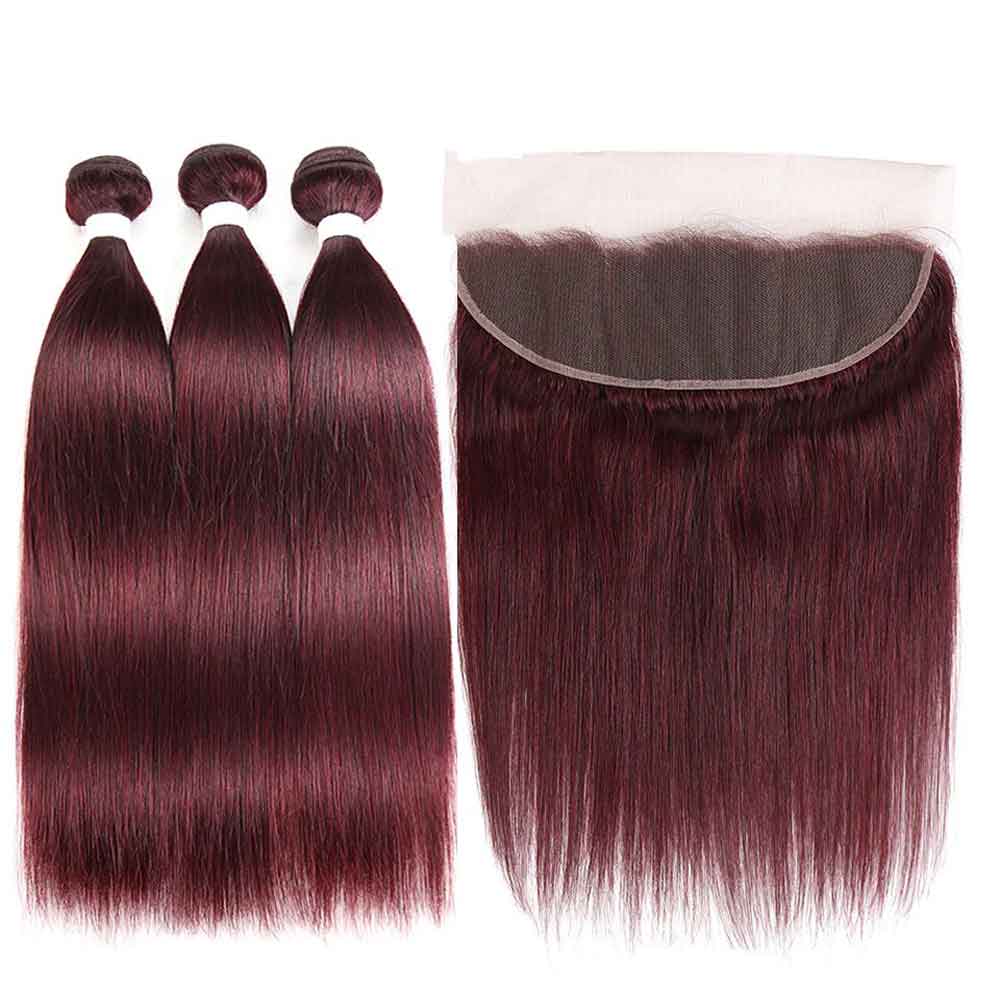 Beaudiva 99J Burgundy Straight 3 Bundles With Frontal Pre Colored 100% Human Hair
