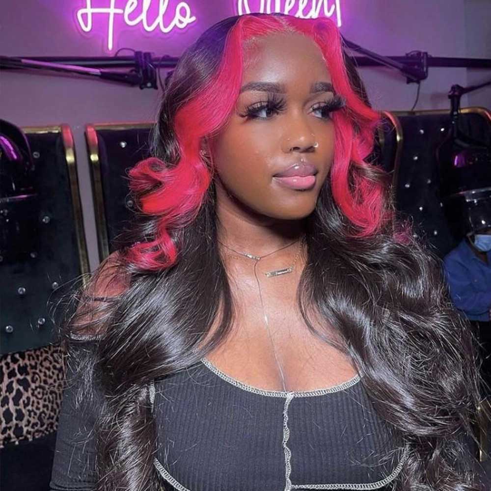 Beaudiva Red Skunk Stripe Body Wave 4X4 Lace Closure Wig Human Hair Wig
