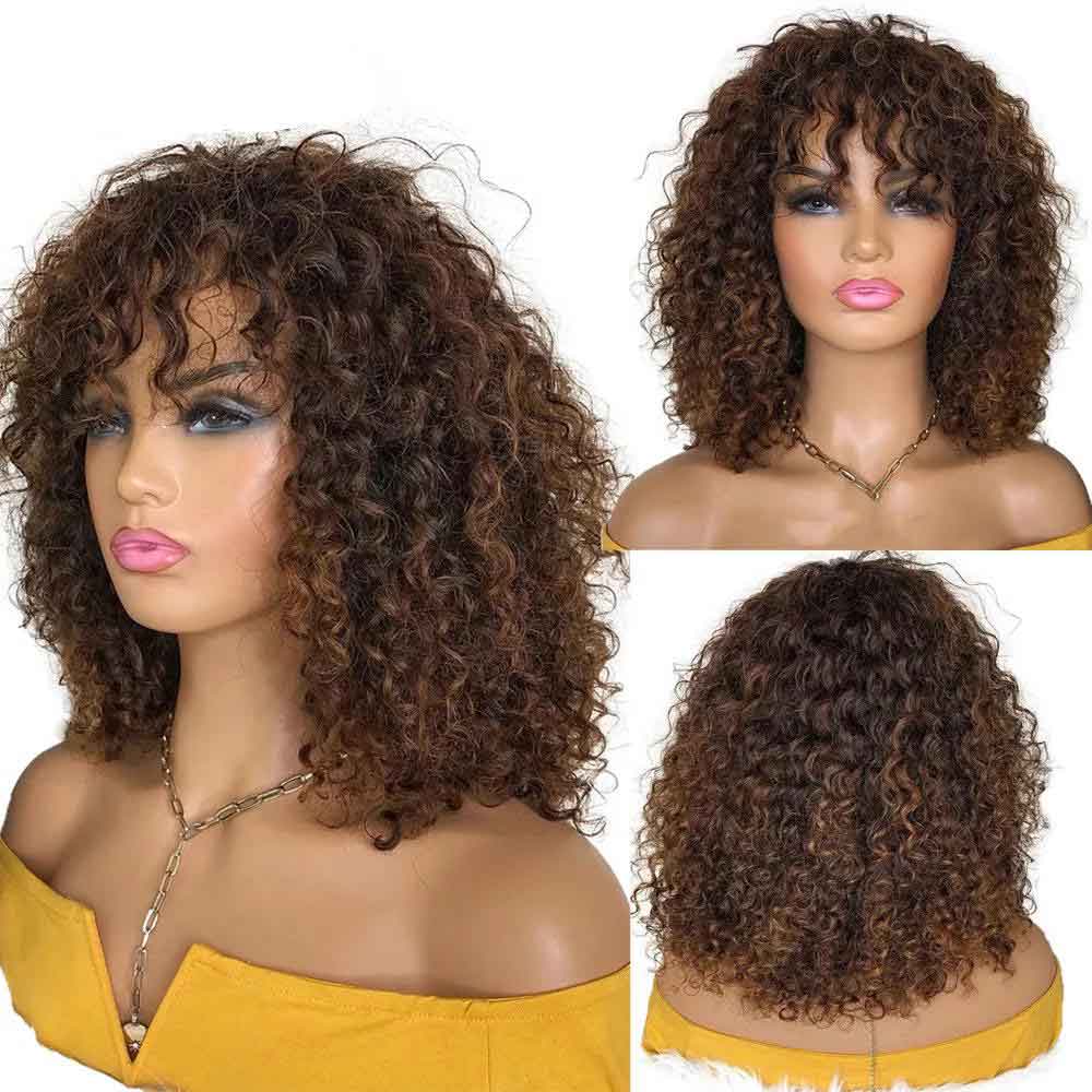 Tiktok Beaudiva Highlight Brown Colored Deep Wave Human Hair Wigs with Bangs 150% Density Glueless Machine Made Curly Wigs