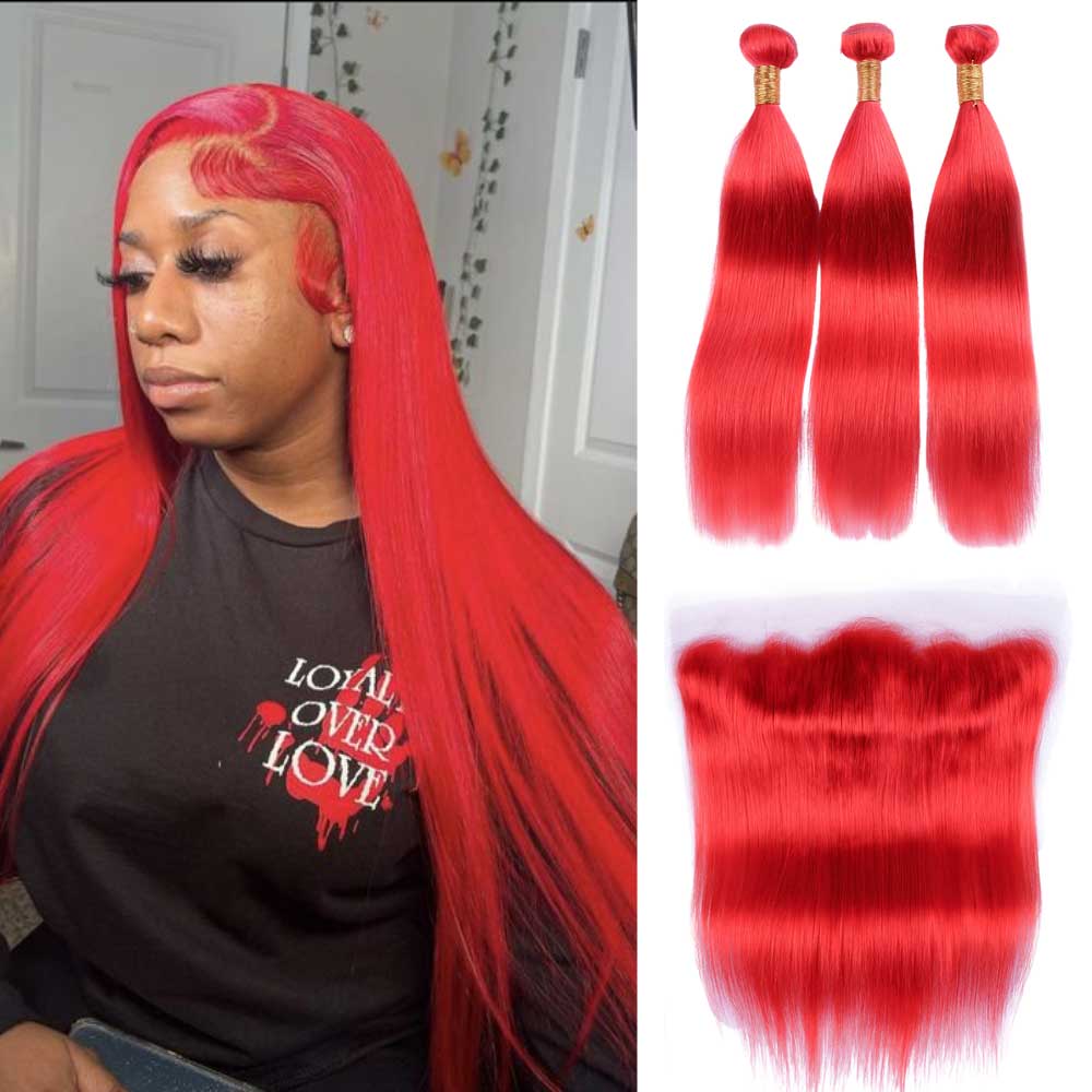 Beaudiva Red Frontal With 3 Bundles Straight Red Human Hair Extensions Colored
