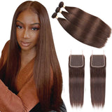 Beaudiva 4# Light Brown Straight Hair 3 Bundles With Closure 100%   Human Hair Bundles