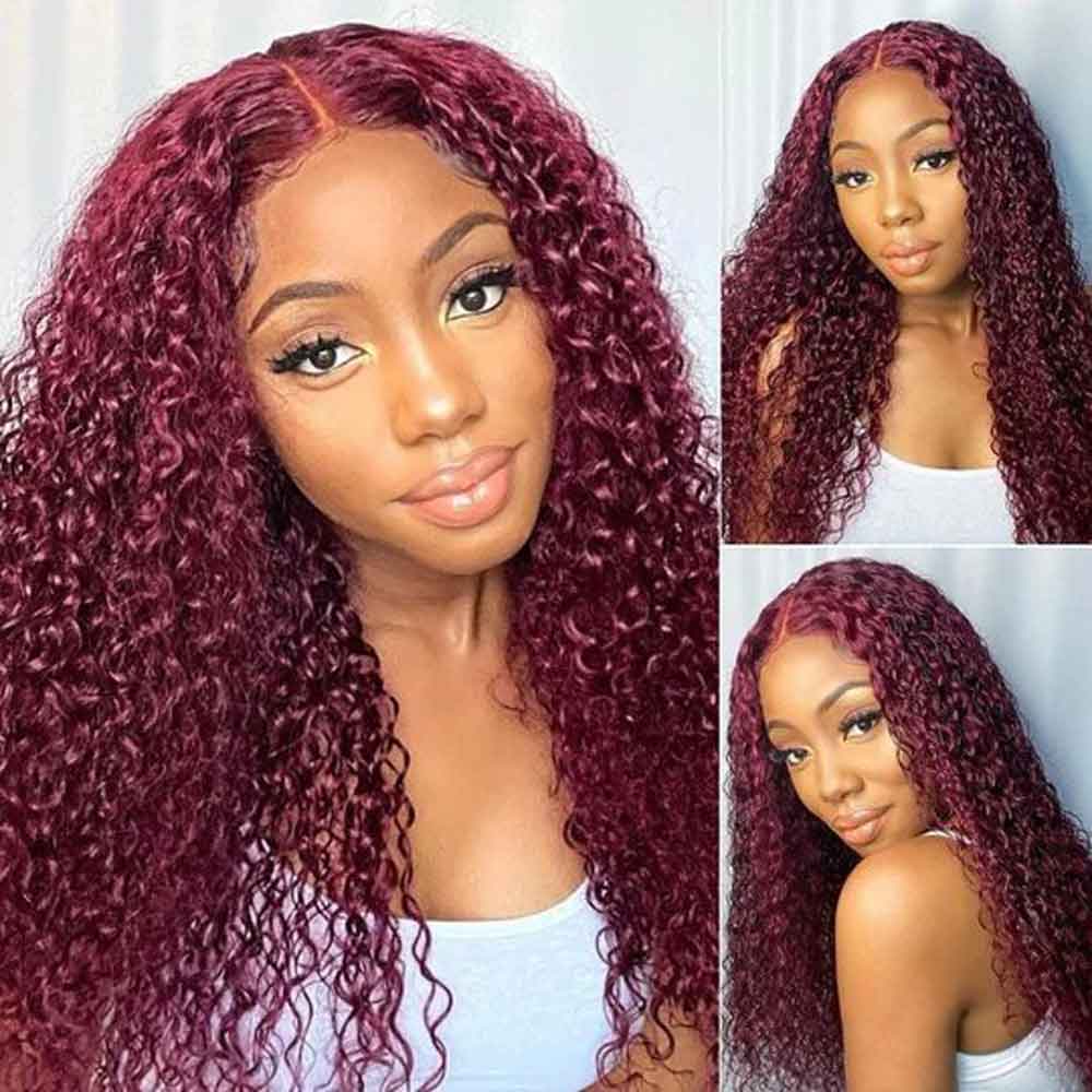 【Mary】TK49 : 99J Burgundy Colored Kinky Curly 4X4 Lace Closure Wig Human Hair Wig