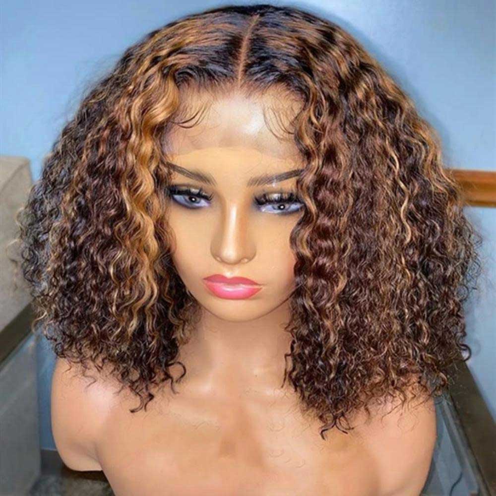 Beaudiva Highlight Kinky Curly 13x1 T Lace Front Human Hair Wigs 150 Density Bob Wig Glueless Wig