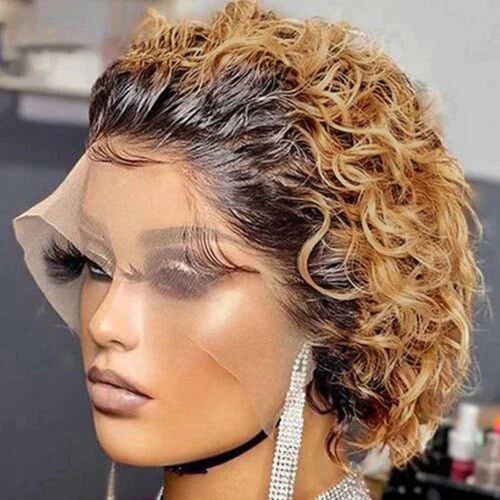 Tiktok Beaudiva TB 27 Ombre Honey Blonde Pixie Cut Curly Human Hair Wigs Bob Wigs 150%