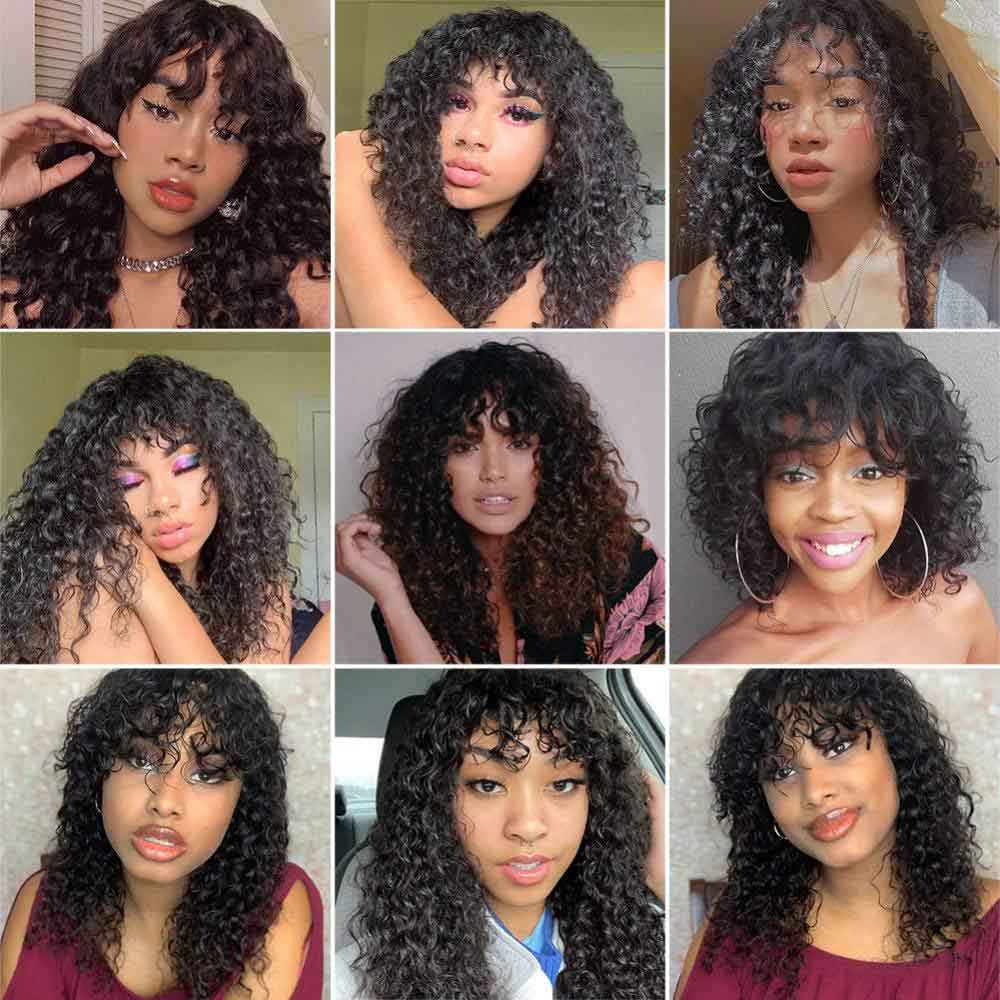 【Visa】TK45:Kinky Curly Human Hair Wigs with Bangs 150% Density Glueless Machine Made Bang Wigs for Women Beaudiva