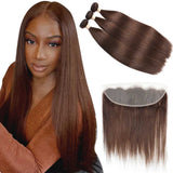 Beaudiva #4 Brown Straight 3 Bundles With Frontal Pre Colored 100% Human Hair